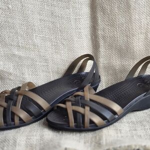 Bronze And Brown Open Toe Strappy Crocs Sandals
